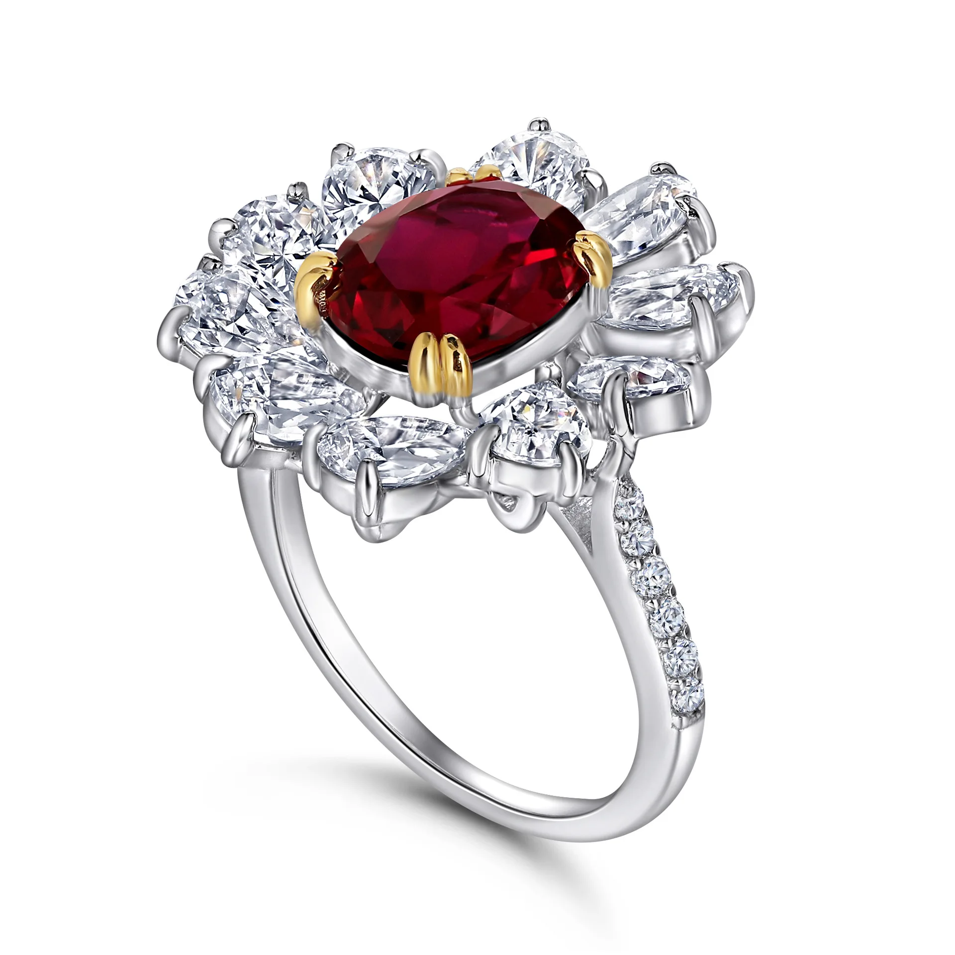 925 Sterling Silver Retro European American Design 3 Karat Lab Diamond with Water Drop Surround Fine Ruby Encircled Ring