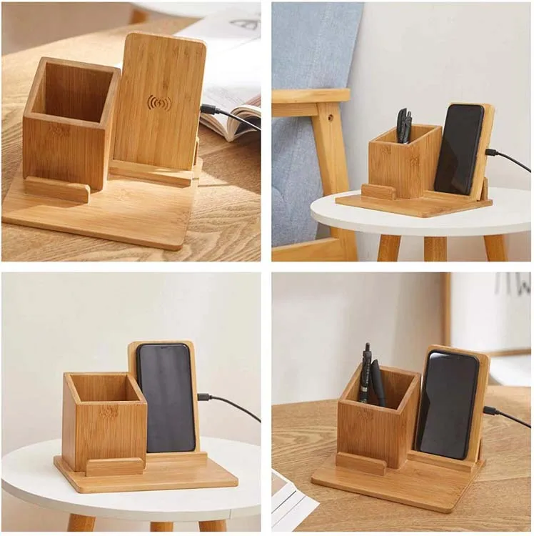 Wireless Charging Pad And Pen Holder Bamboo Wireless Charger Desk ...