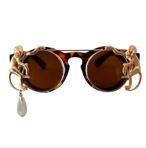 Retro Sunglasses Luxury Leopard Monkey Baroque Beach Pearl Round Frame Women 1x