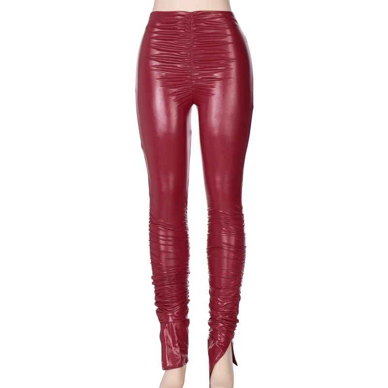Pink Faux Leather Stacked Pants Side Split Ruched Mid Waist Pencil ...