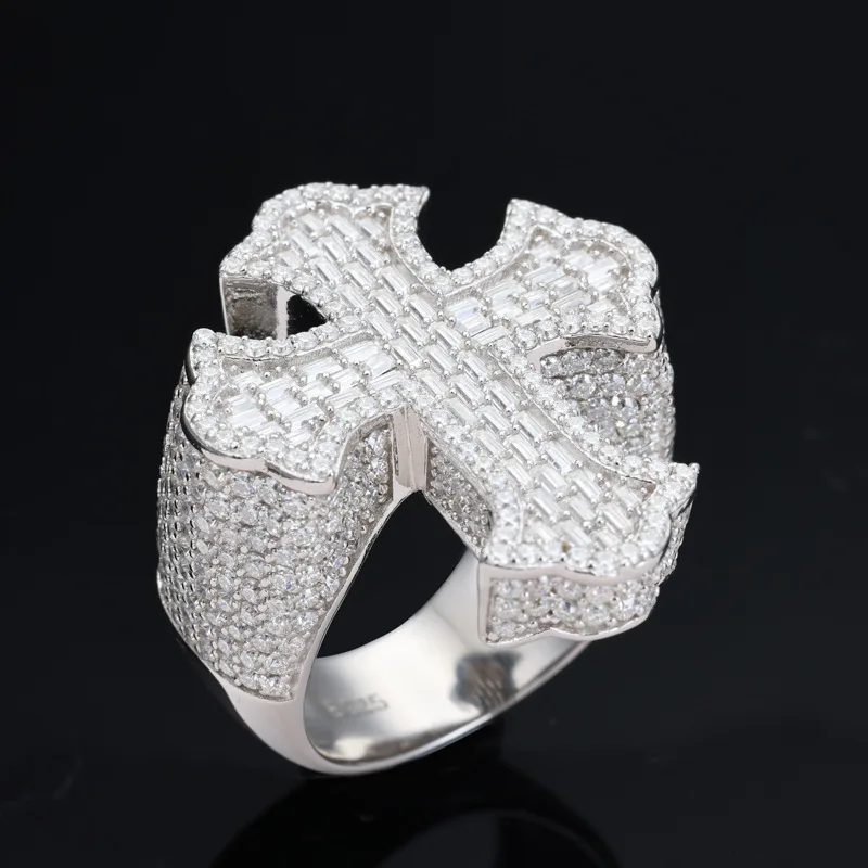 S925 Silver Moissanite Cross-Shape Ring for Men Super Flash T Square Diamond Cross-Border Hip Hop Style Ready to Wear
