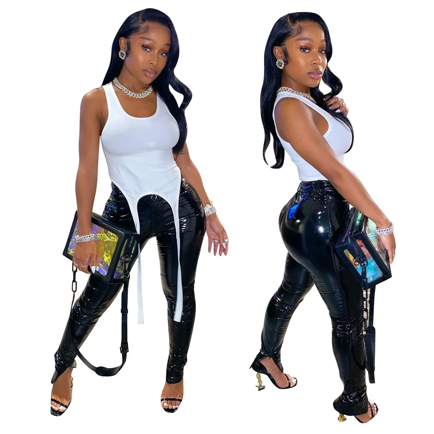 Spring New faux Shine Gradient Pencil Pants Sexy High Waist Casual Shiny Tight Leather Legging Pants For Women