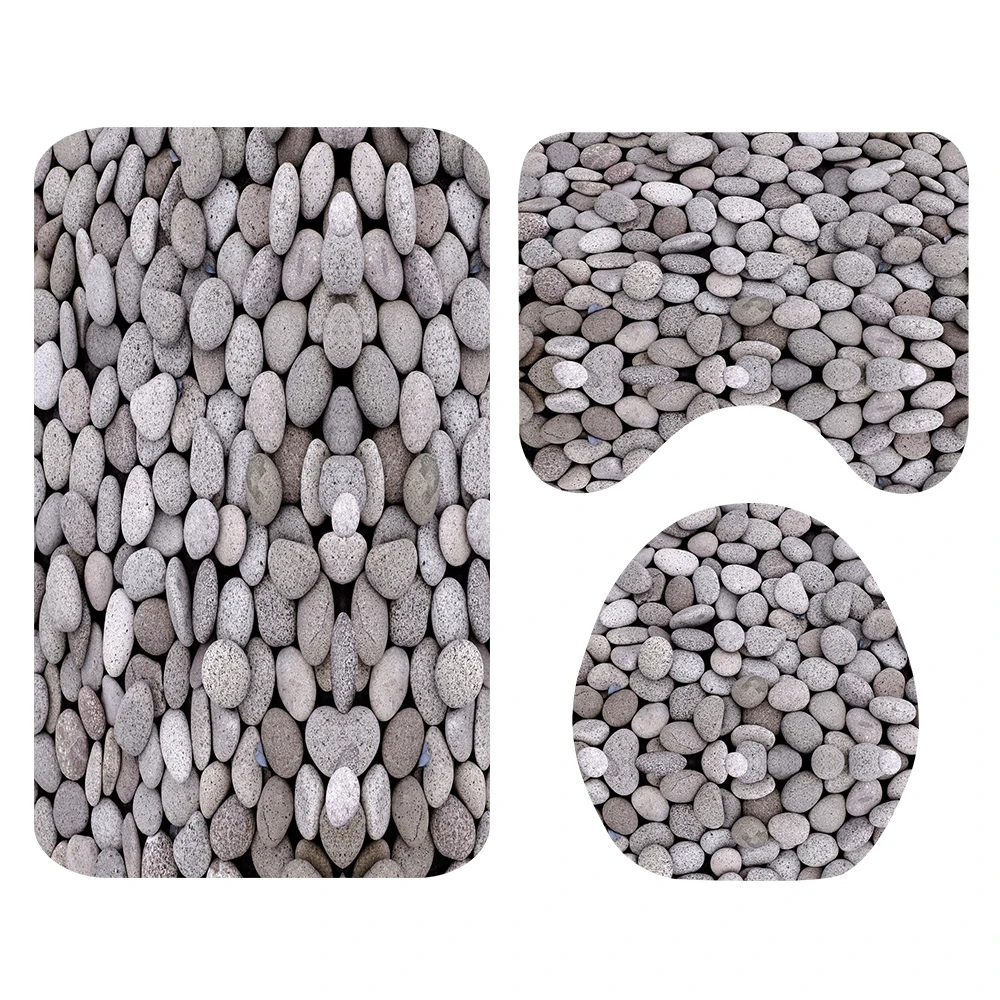 Stone Style Shower Curtain Lid Toilet Cover Bath Mat Rug with Hooks Bathroom Accessory Sets