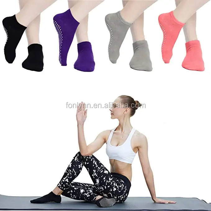 Pilates Ballet Barre Yoga Socks - Elutong 4 Pack Non Skid Slip Sticky Grippers Socks for Women