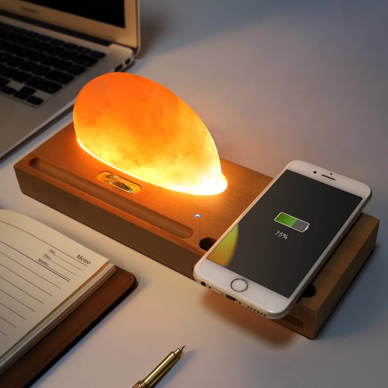 Pride Stone Himalayan Salt Bedside Lamp QI Wireless Charger Phoneholder Phone Amplifier Penholder YT-M1804