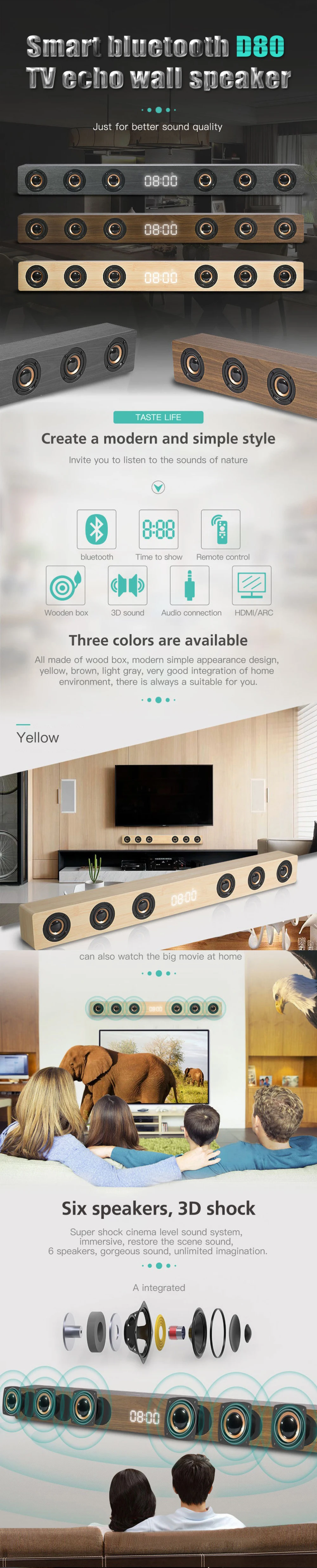 Wireless TV Soundbar Bluetooth Speaker 30W Sound Bar Hifi Stereo Sound Wooden Sound Bar with RCA AUX HDMI For TV Home Theater - ANKUX.COM