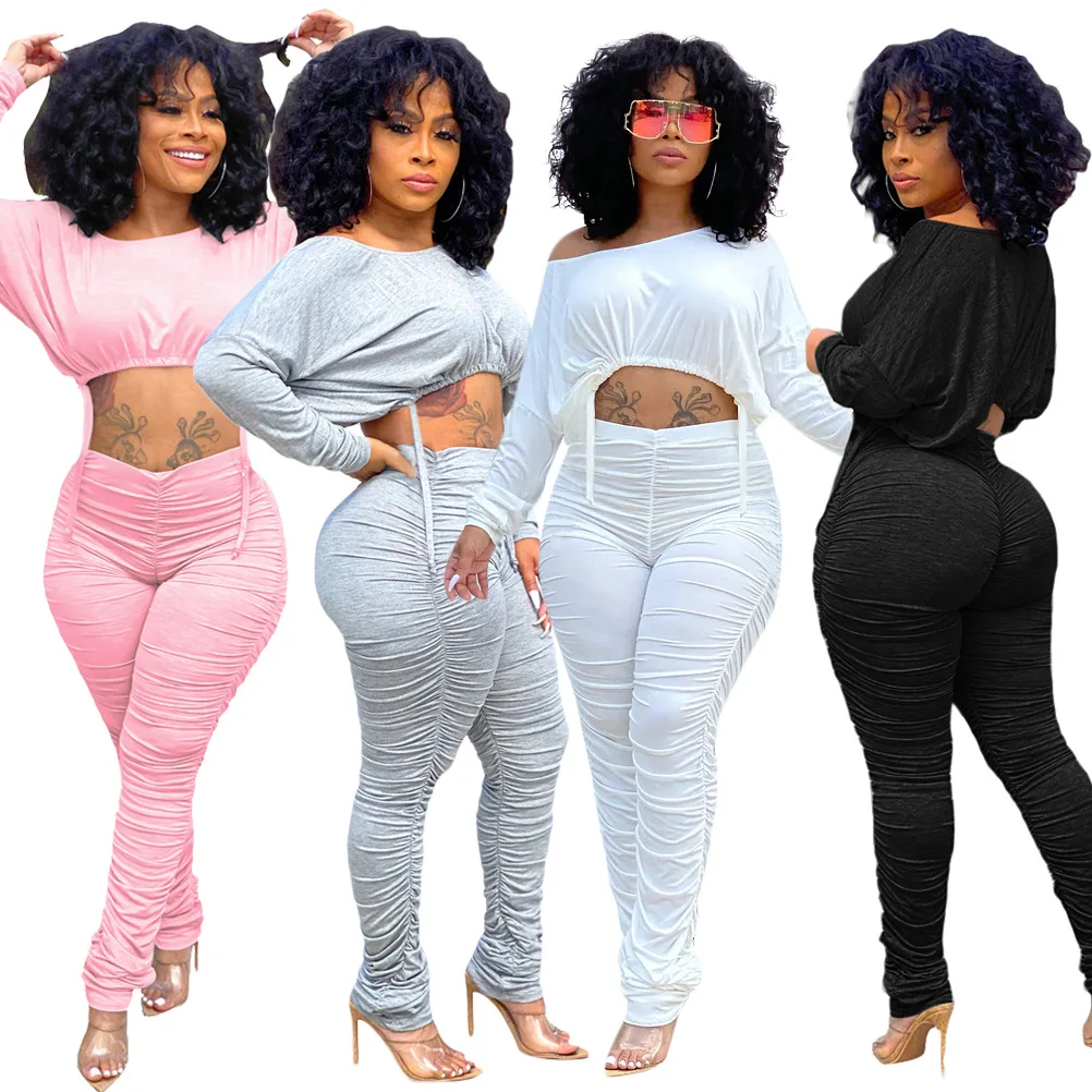 2020 Solid Plain Sweat Suits Joggers O Neck Lace Up Crop Top Stracked ...