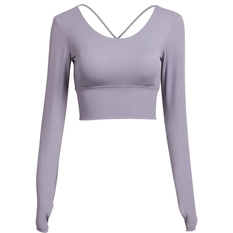 High Elastic Open Back Slim Fit Gym Workout Sports Long Sleeve Dance Women Yoga Top Crop Top Shirt with Removable Pads