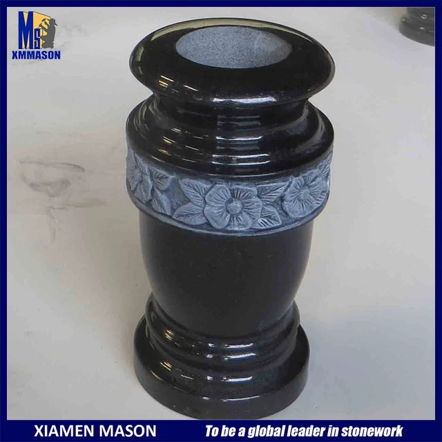 Wholesale Rounded Hand Carved Outdoor Memorial Black Stone Vases For