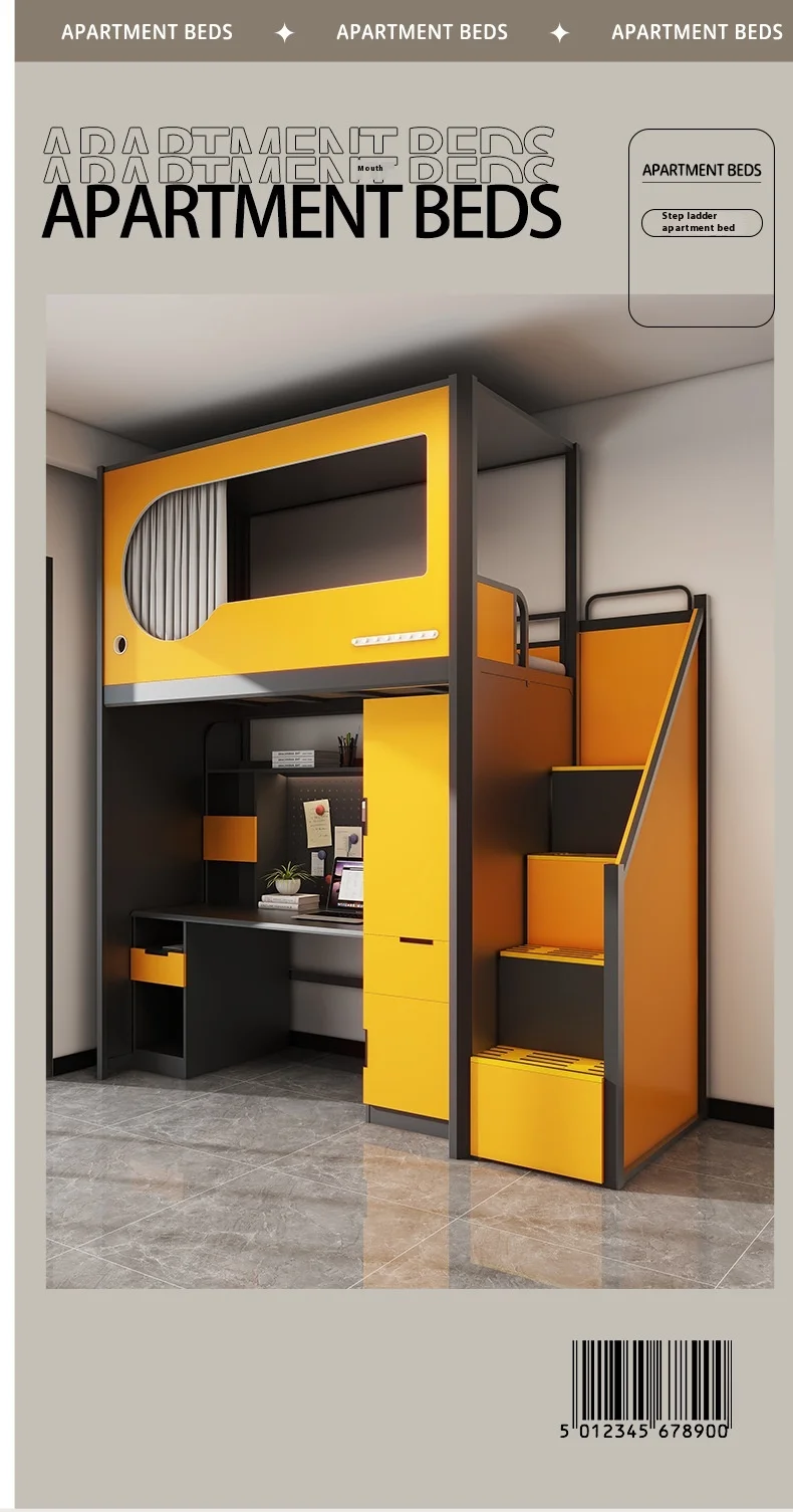 product modern iron panel bed school dormitory apartment loft bunk bed with desk-2