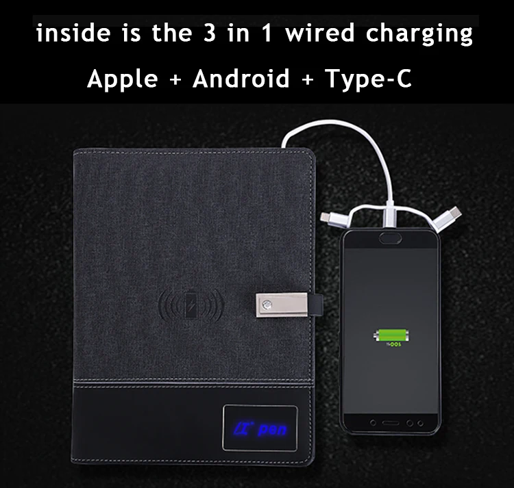 Custom Leather Wireless Charger Planner Notebook With Powerbank And Usb