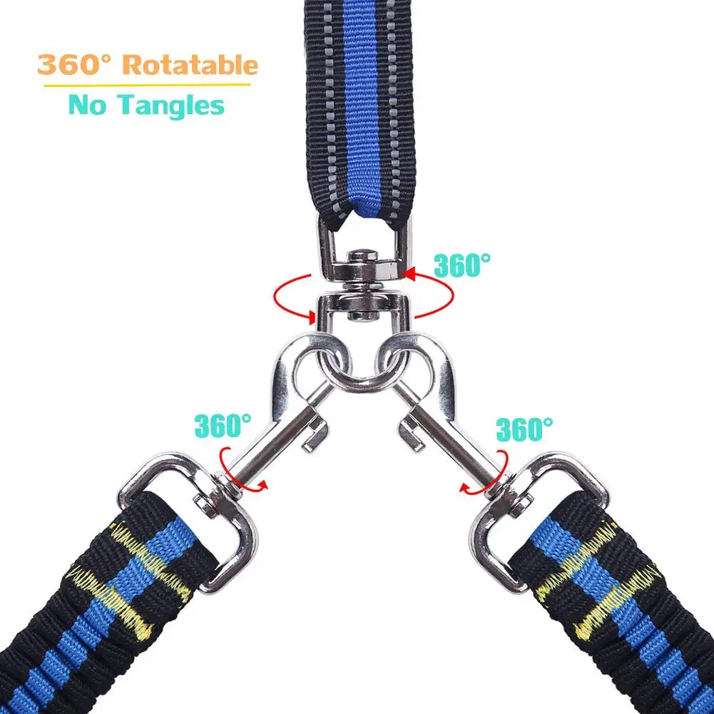 Reflective Nylon Dual-use Bungee Walking Training Leash with Soft Padded Handle for Two Medium Large DogsReflective Nylon Dual-use Bungee Walking Training Leash with Soft Padded Handle for Two Medium Large Dogs