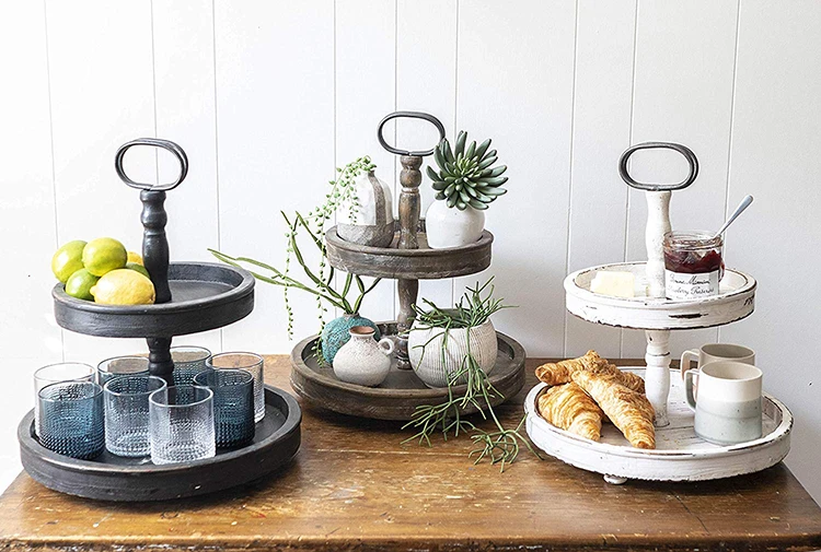 Vintage Black Wood Metal Handle 2 Tiers Wooden Tray