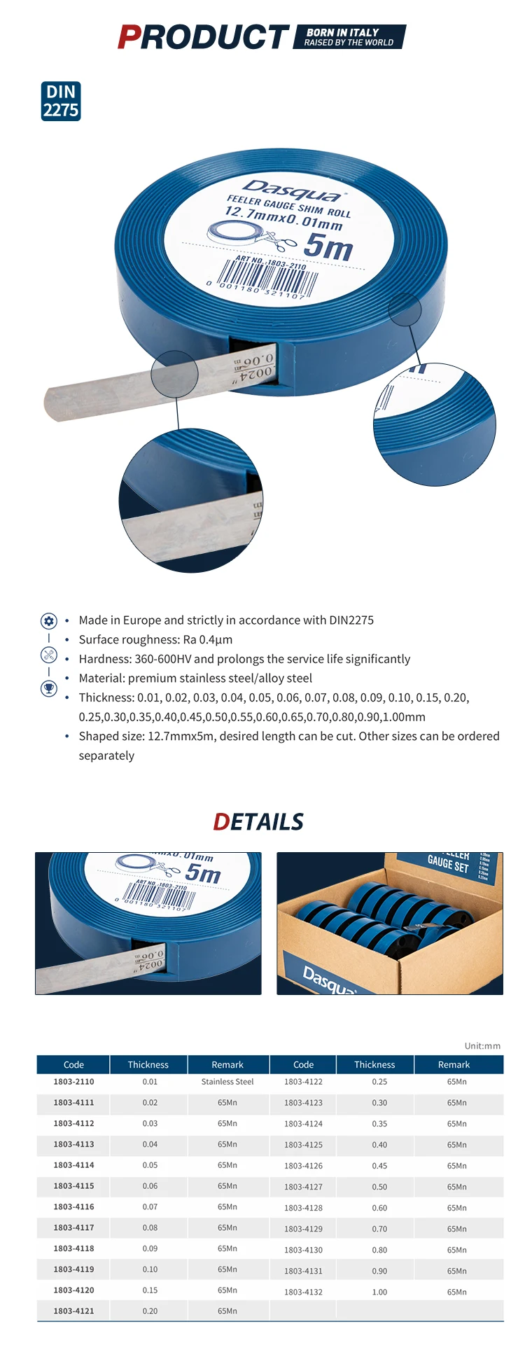 Dasqua 0.01mm Stainless Steel Feeler Gauge Shim Roll Measuring Gauges