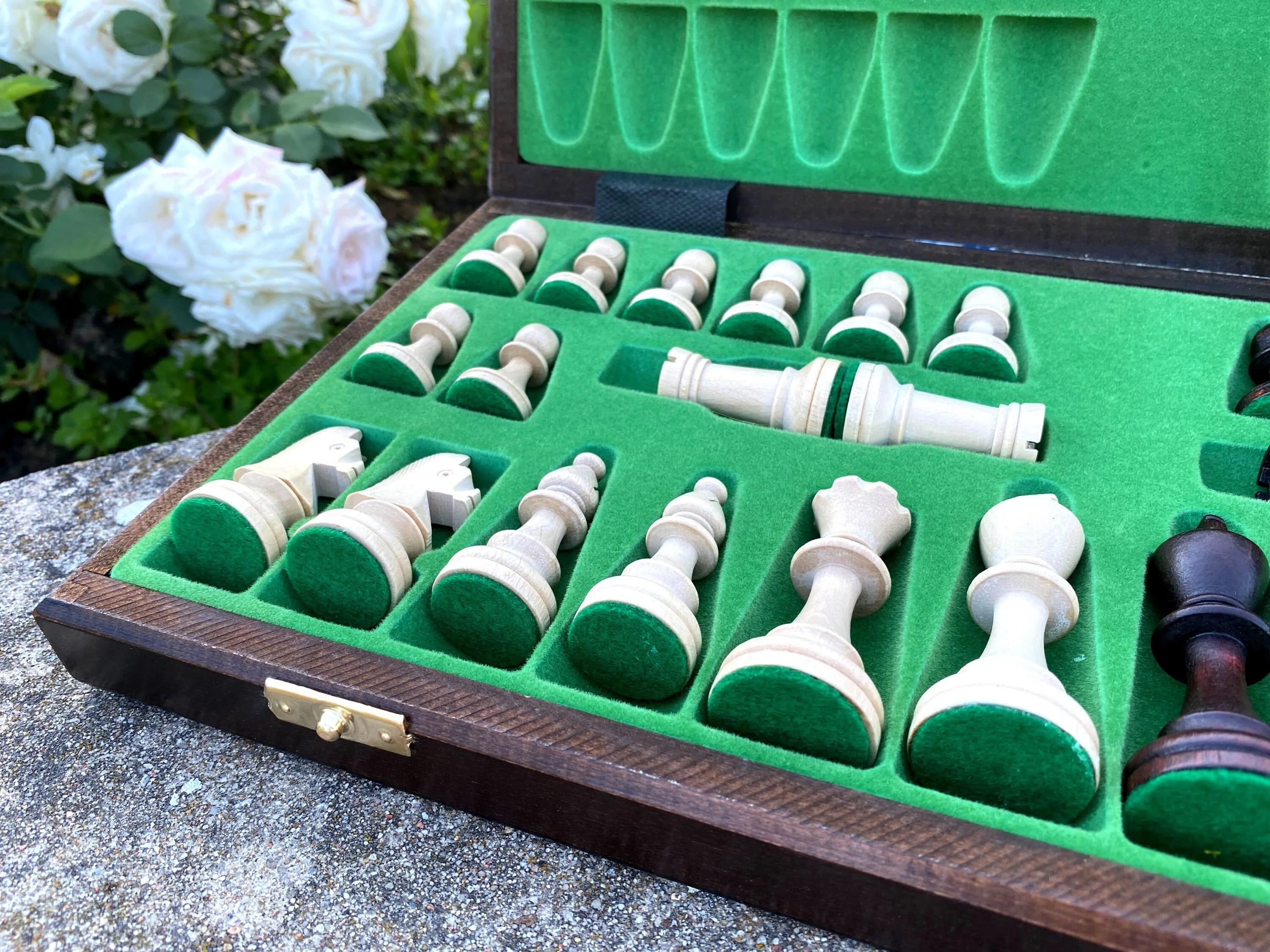 Wooden Chess Set Folding Large Board With 34 Chess Pieces Interior For Storage Portable