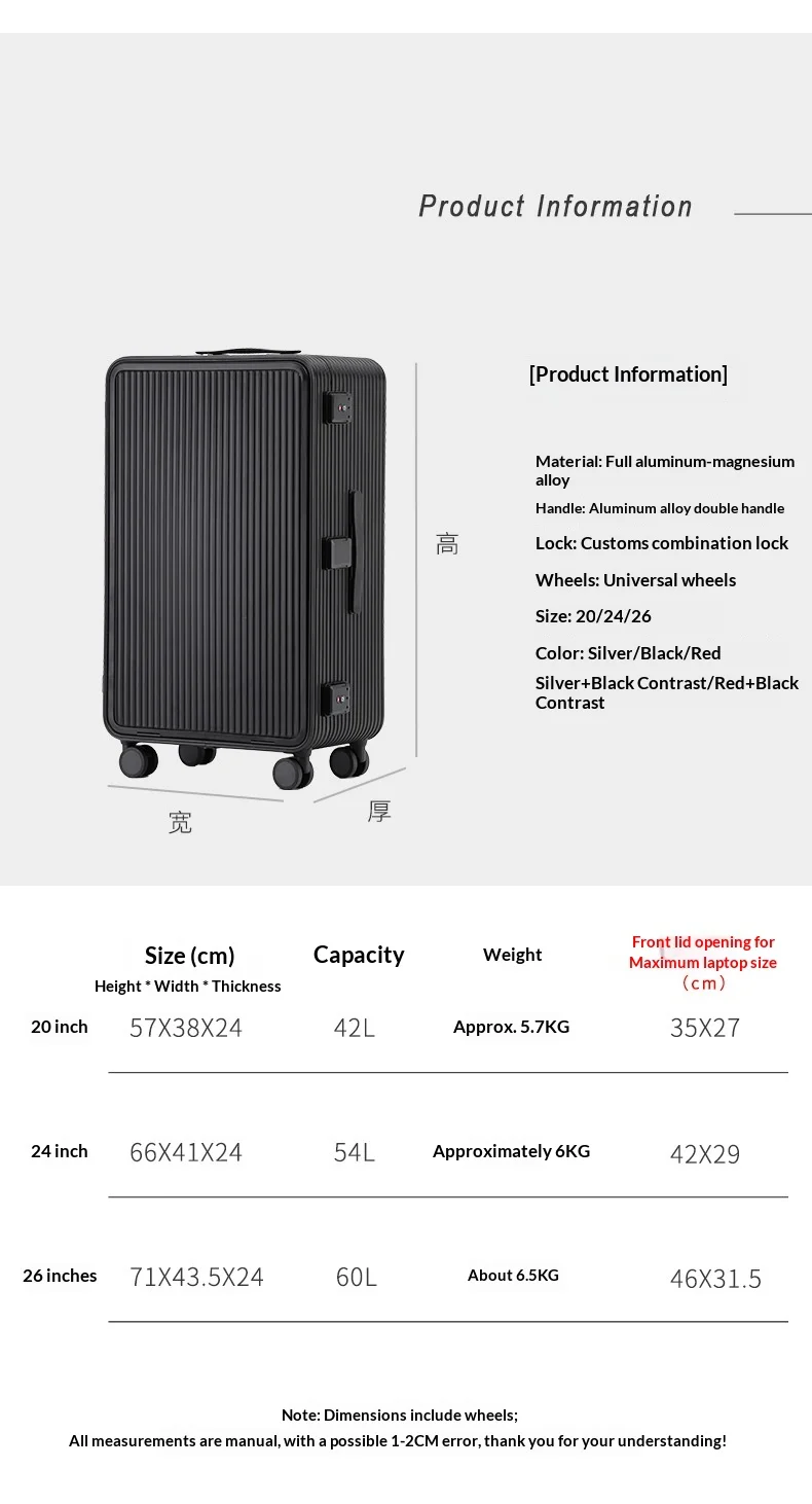 product full aluminum luggage spinner trolley case 20 24 30 inch unisex front opening waterproof anti theft tsa lock suitcase business-14