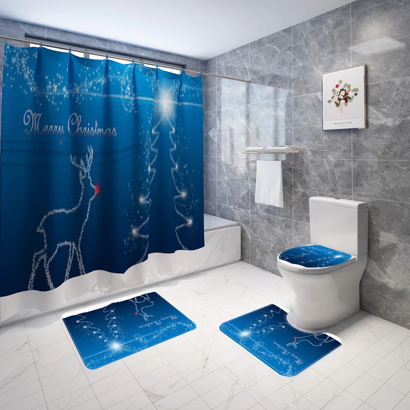 Christmas Slip Bathroom Rug 4 Piece Set Custom print Shower curtain