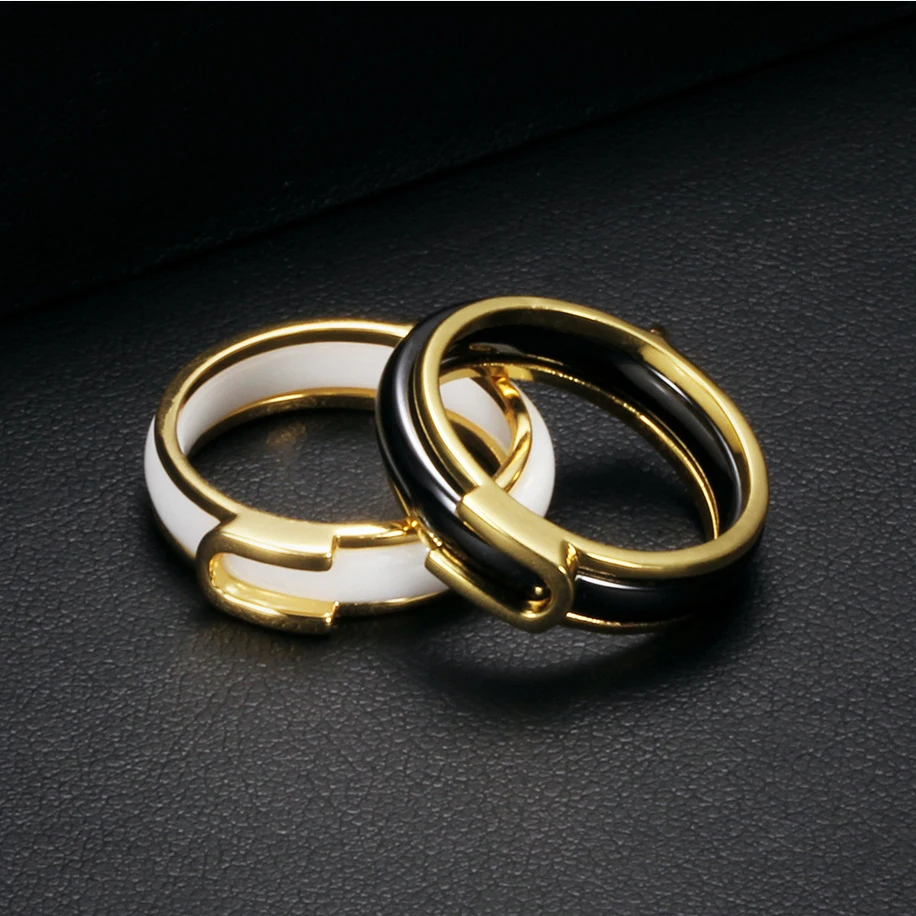 product-Gold Stainless Steel Love Black And White Ceramic Ring Male, Simple Stainless Steel White Bl