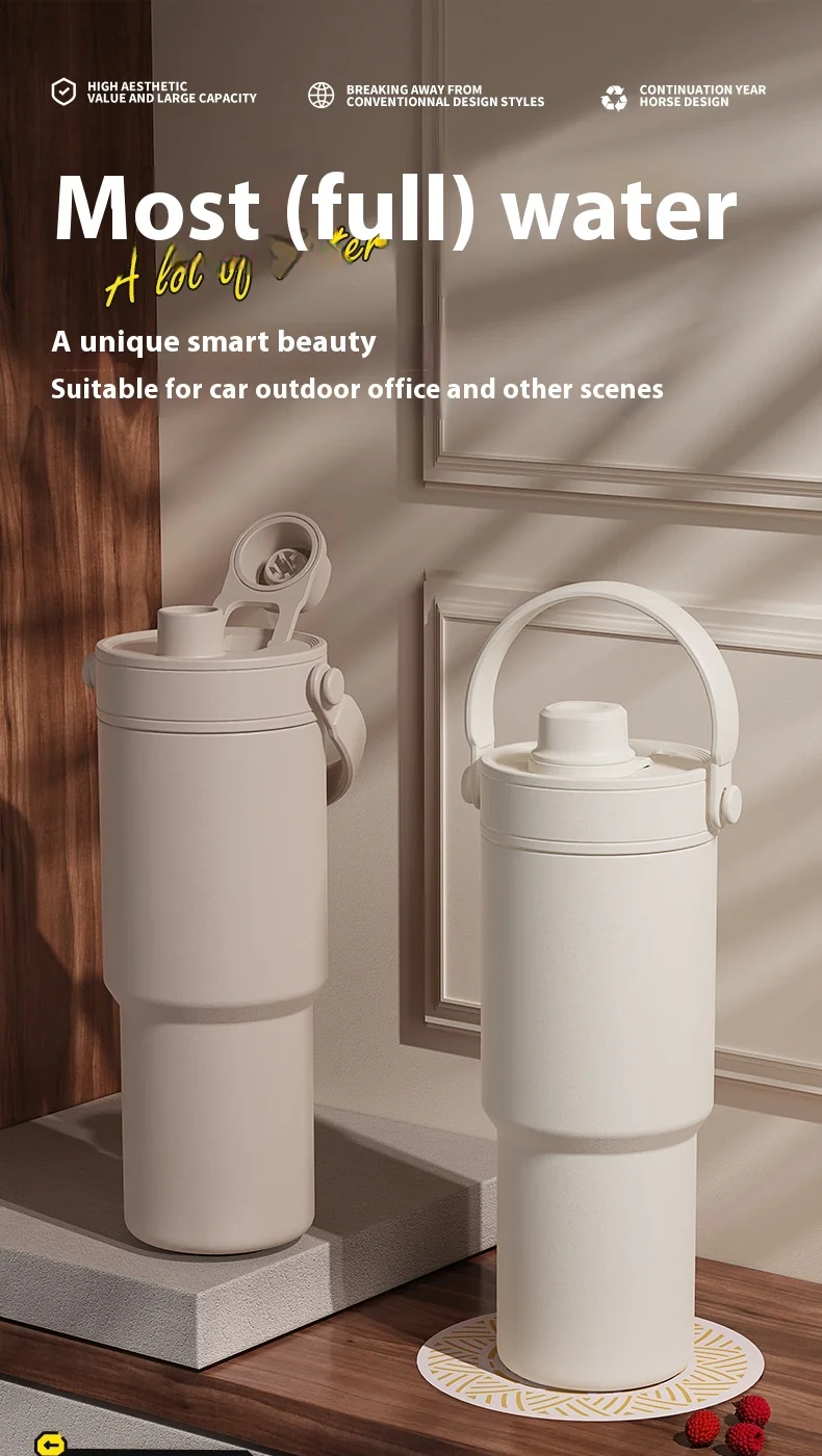 Large Capacity Stainless Steel Vacuum Flask Thermos Cup Striped Ceramic Liner Car Cup Tea Coffee On-The-Go Beverages