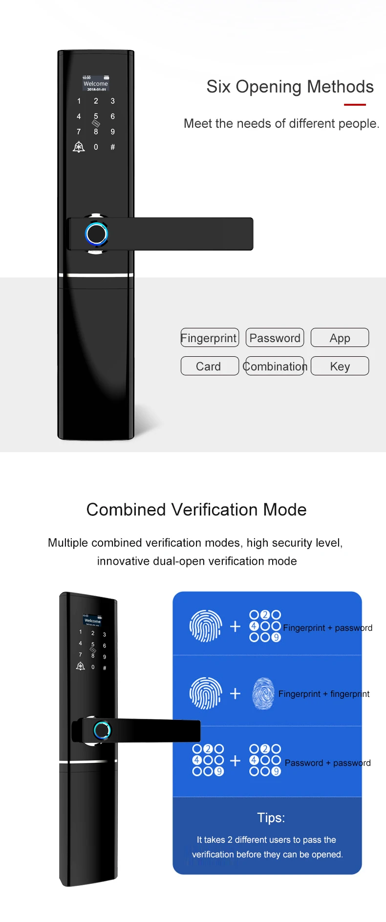 CE FCC ROHS Certification and 2 Keys Baking Varnish + UV smart wifi door lock with fingerprint