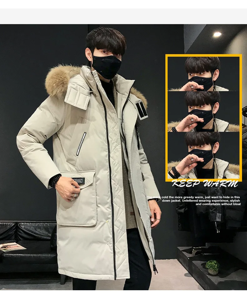 Japanese Long Black Down Jacket Coat Men Fur Parka Winter Long Trench Coat For Men