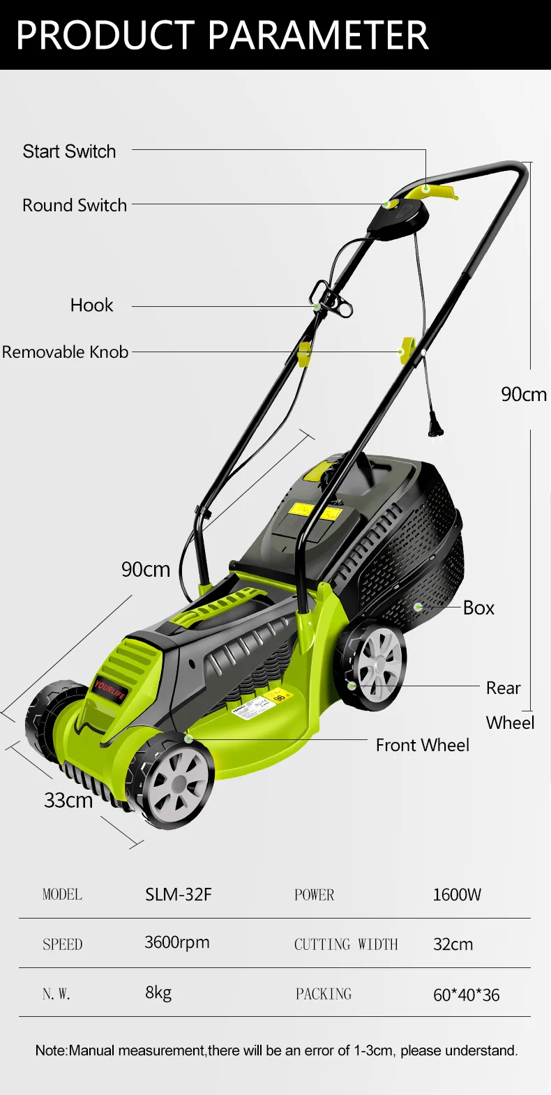 1300w Weed Mower Manual Hand Push Blade 32cm Cutting Width Electric