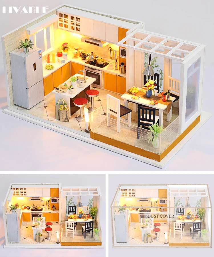 Wholesale Diy Miniature House Wooden Doll House Kitchen With Light