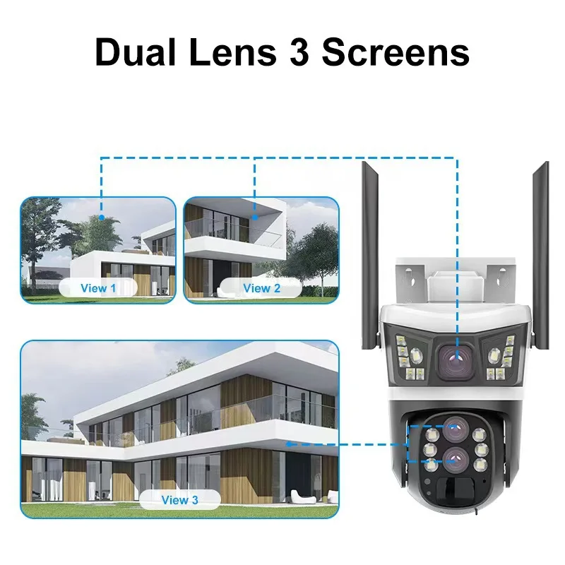 V380Pro Outdoor Solar Less Energy Cost 4MP HD Camera 3Lenses 10X Zoom 360 Night Vision Smart Detection Multi-function Cameras
