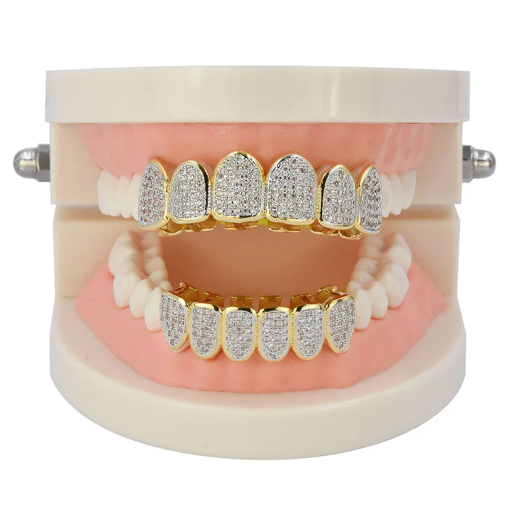 Silver Tone Plated Grillz Tooth Top Bottom Mouth Grills Hip Hop Teeth Caps 6A 
