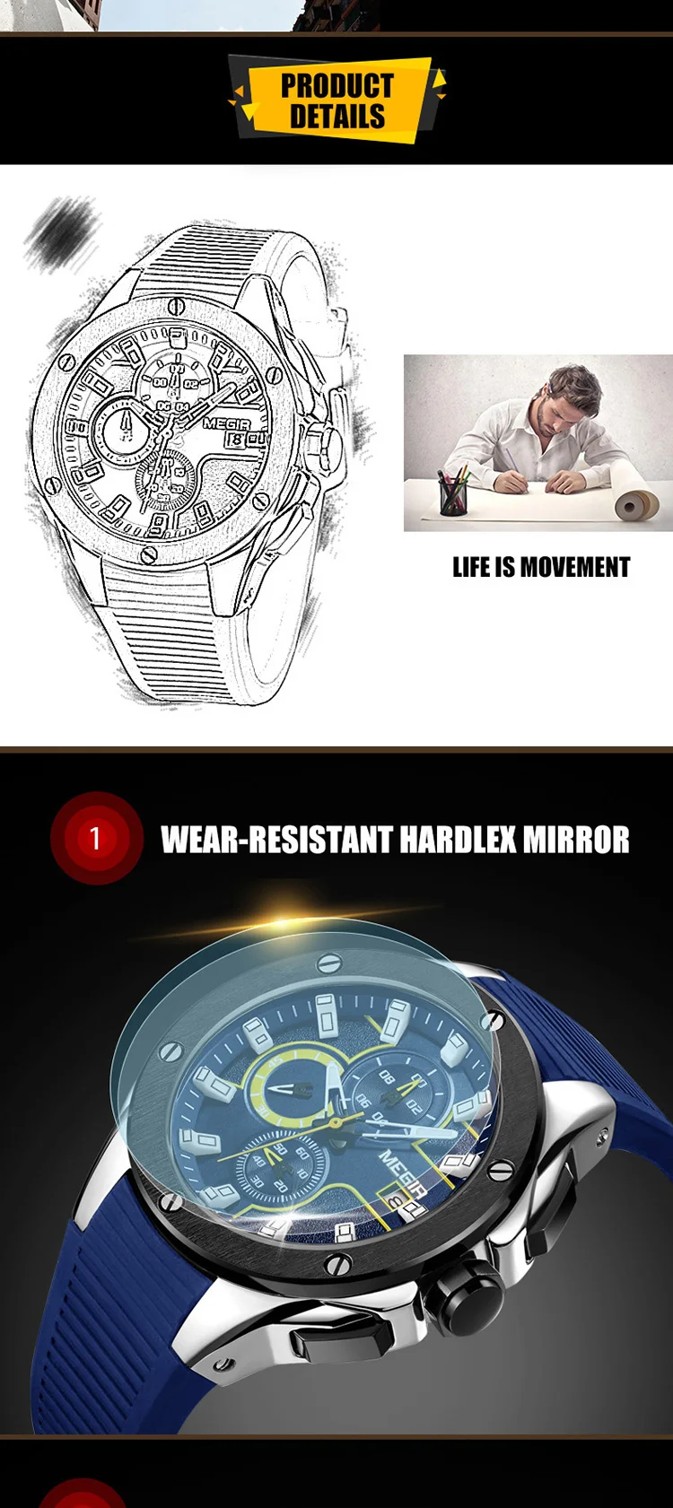 MEGIR 2053 super boy made in china watch buy Genuine Leather Strap personalized 3 dials chronometer diameter 45mm watch set