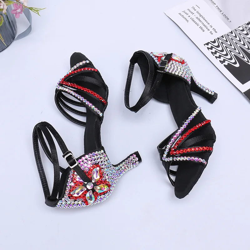 Satin Upper  Rhinestone Ppper Heel 7.5cm Ballroom Shoes Ladies Latin Dance Shoes 