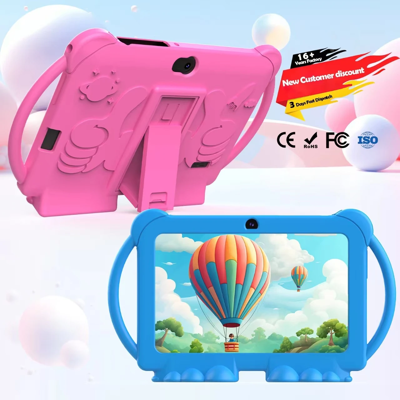 Hand holding Q88 tablet with newly installed screen, displaying a children's educational app