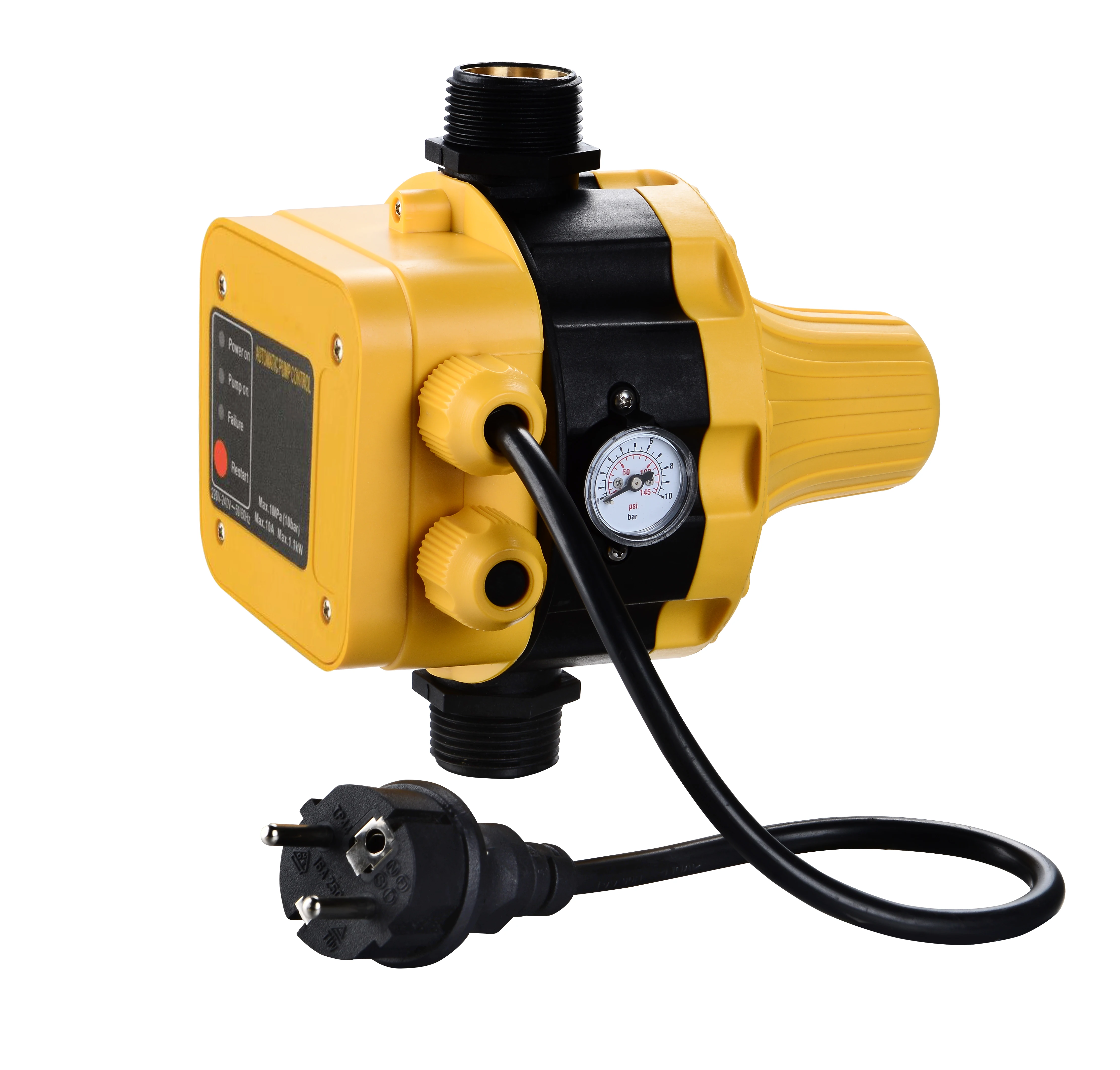 DSK-2 installed in a compact pump control box alongside pressure gauge and isolation valve