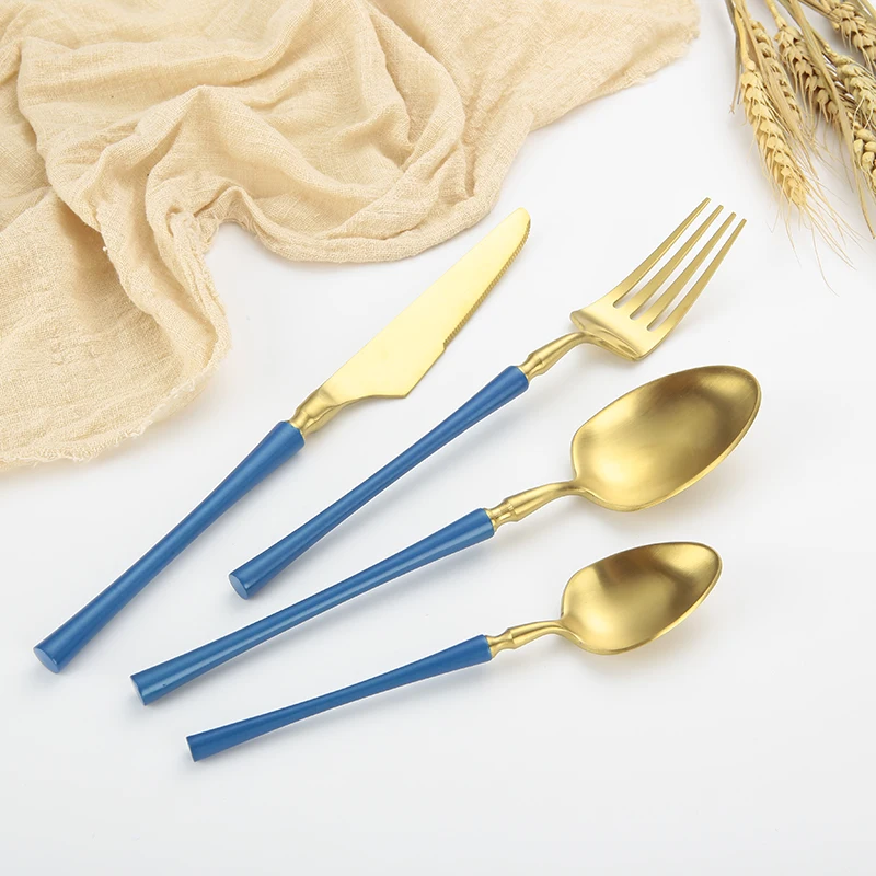 
Small waist matte pvd 18/10 stainless steel 4 pieces gold and blue handle titanium cutlery set 