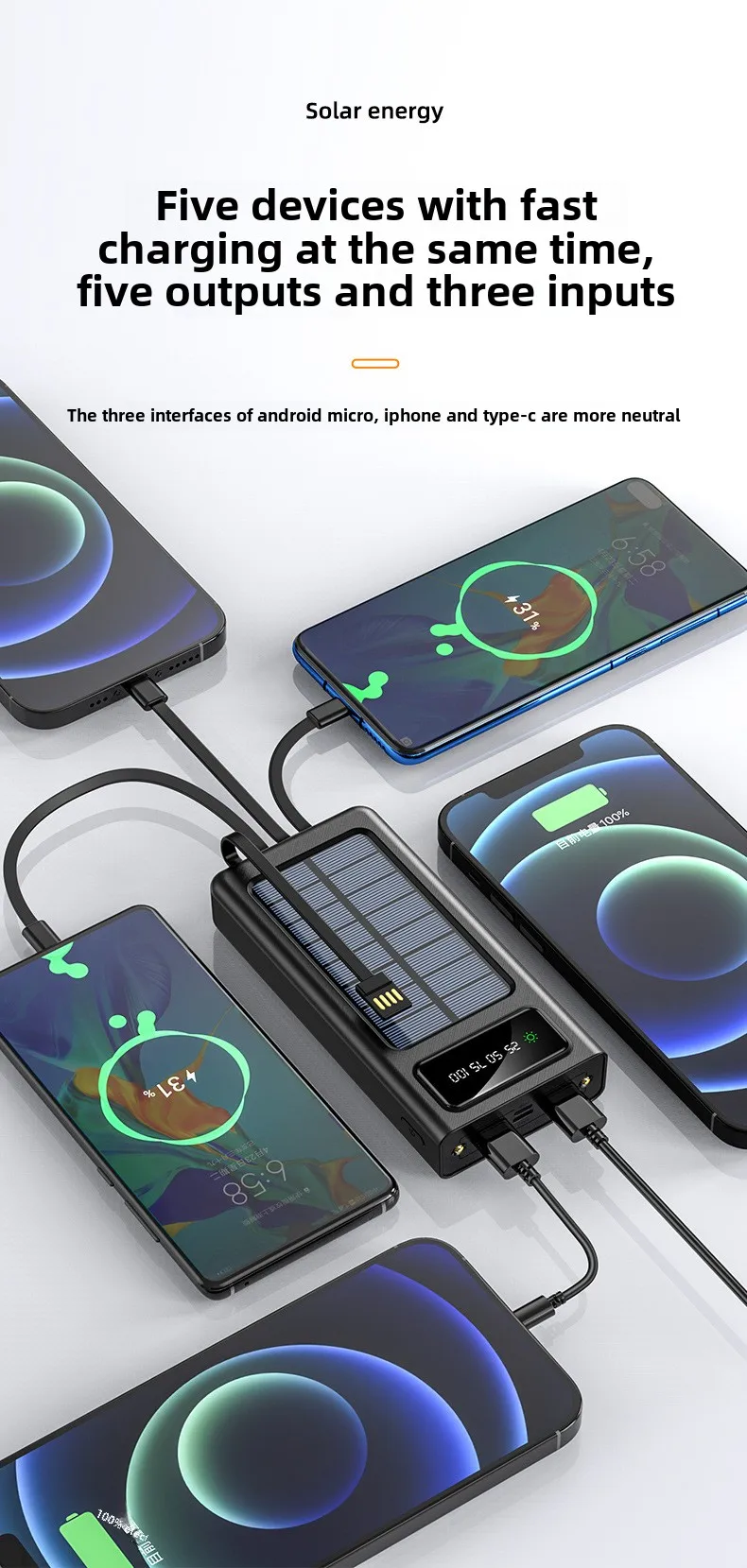 Wholesale 30000mAh Large Capacity Portable Charger 15W Output Built-In Four-Wire Solar Universal Mobile Wireless Charging Bank