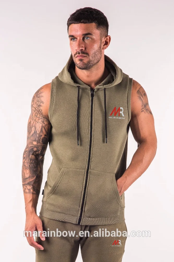 Olive Green Custom Mens Sleeveless Hoodie Custom Zip Up Cotton Fleece