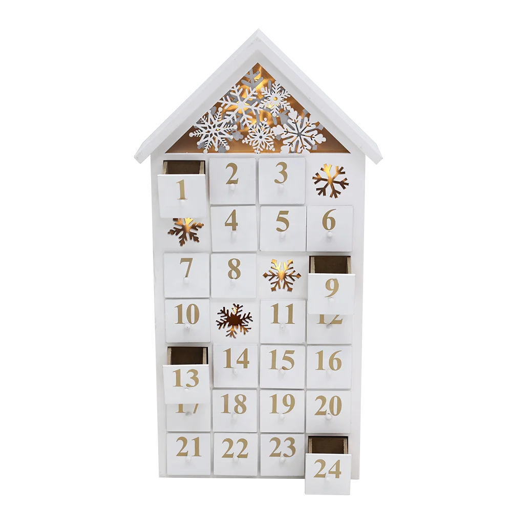 Christmas wooden advent calendar led table decoration count down calendar house with 24 drawers to fill candies