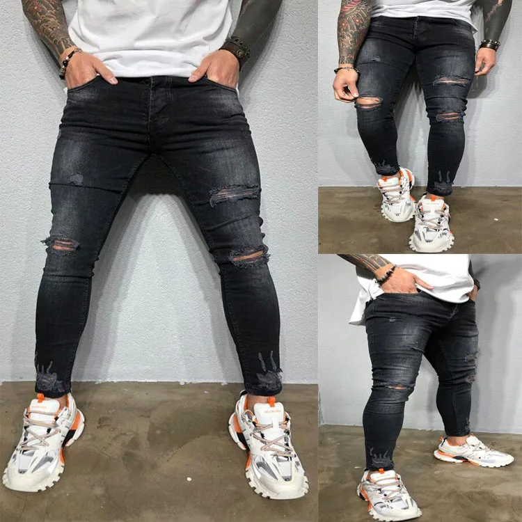 Fashion High Street Black Mens Skinny Jeans Ripped Denim Jeans Mens ...