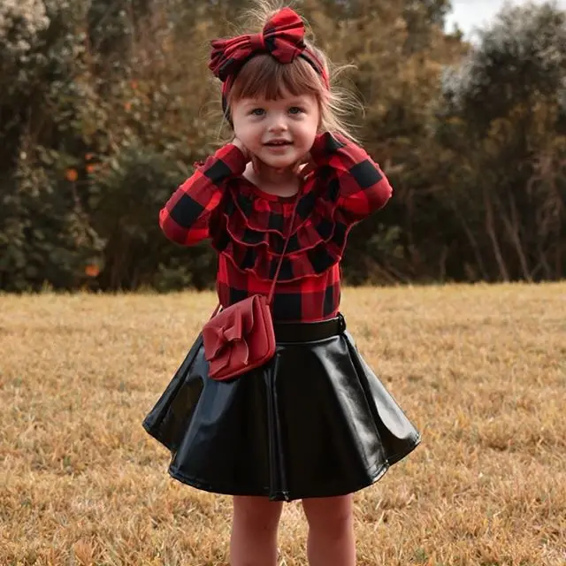 Girls Baby kids PU Leather Skirt & Black cotton Top Set Toddler and Girls  outfit weastern wear