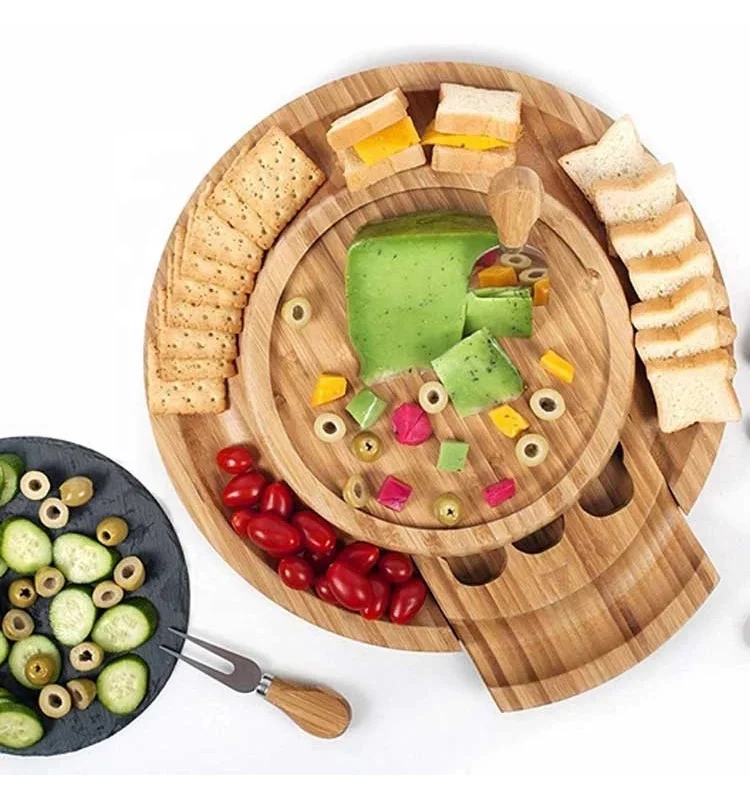 Hot Sale High Quality Custom Round Bamboo Folder Cheese Board Set With