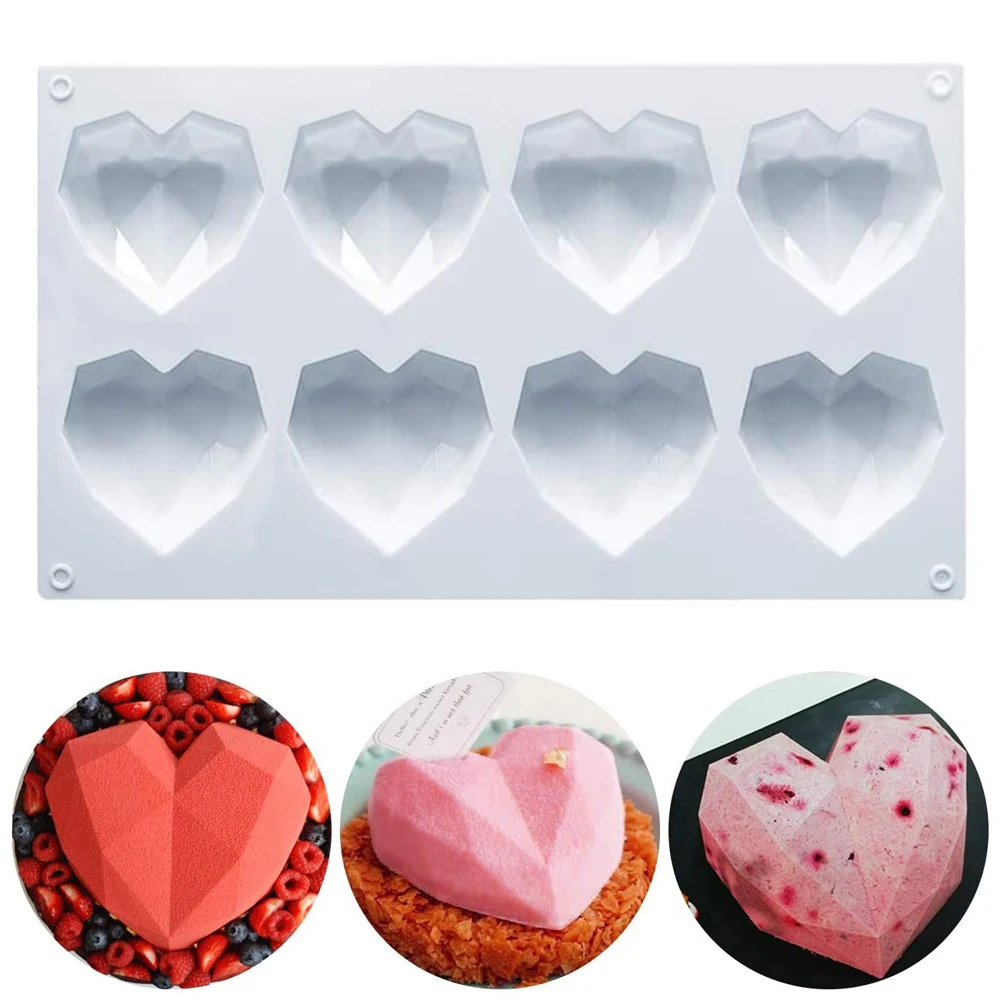 Silicone Molds Diamond Heart-shaped Mold 3D Silicone Cake Mold DIY Dessert Chocolate Mold Jelly Mould Non-stick Baking Tool 8-cavity Diamond Heart-shaped