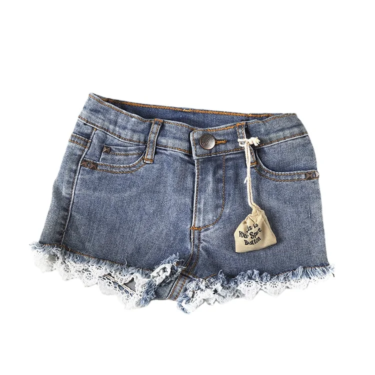 
Factory Good Price Summer Casual Cotton Spandex Plain Dyed Lace Cuff Girl Short Pants Children Jeans 