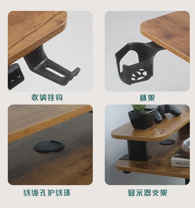 product modern double layer electric lift computer desk adjustable home office study  gaming workbench with iron metal panel wood style-5