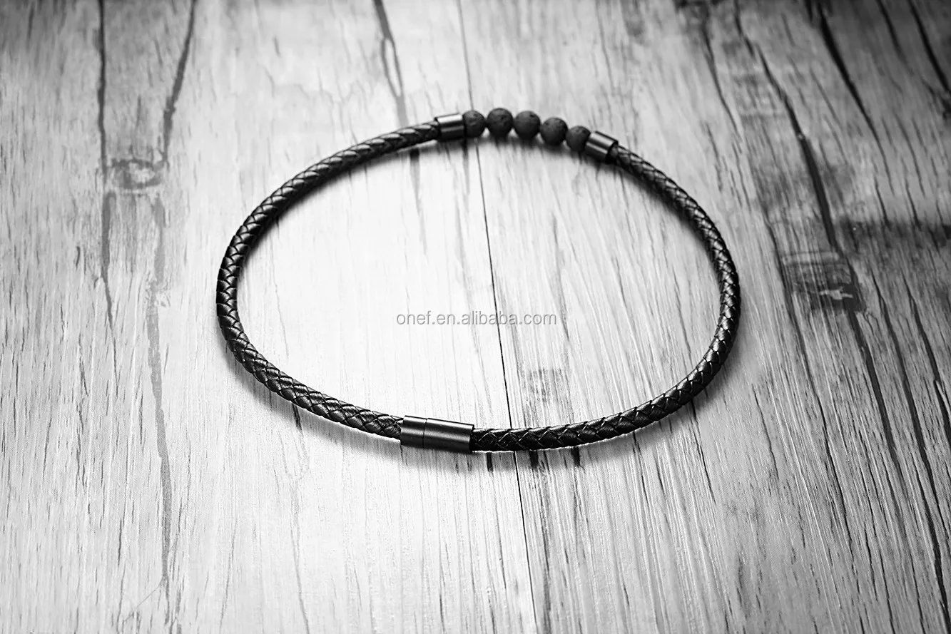 Stainless Steel Magnet Buckle Volcanic Lava Rock Stone Genuine Leather Choker Collar Black Necklace.jpg
