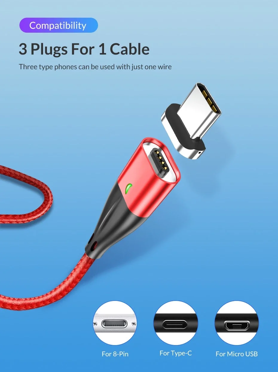 ZICAS High Quality Fast Charging Phone Magnet Charger 3 in 1 Magnetic USB Cable For iPhone+Micro+USB C - ANKUX.COM