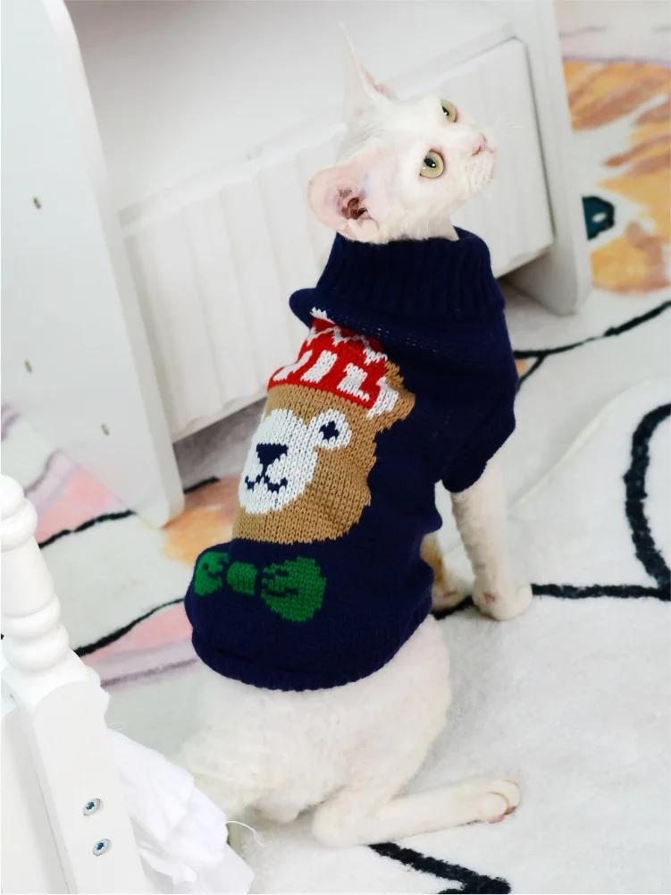 Luxury Cat Sweater Hairless Male Cat Winter Warm Costume Acrylic Christmas Print Cartoon Design Pet Apparel