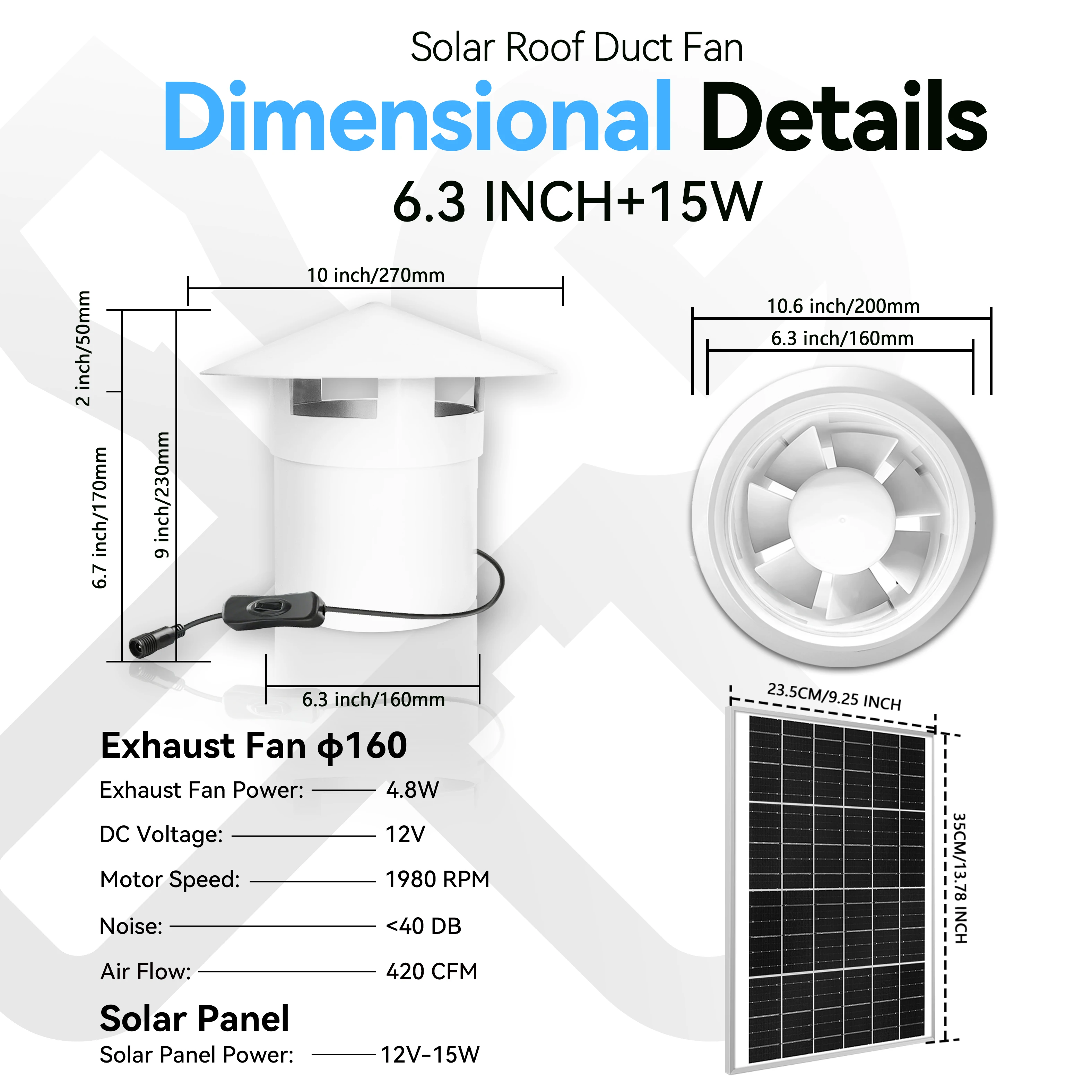 Solar Roof Exhaust Fanw, Fan-15W, Waterproof, Brushless, Axial - detail 24