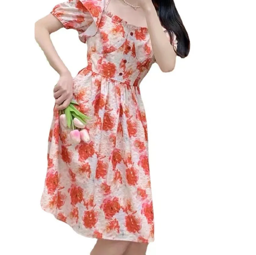Wholesale Summer Women's French Bubble Sleeve Dress Women's Fragmented