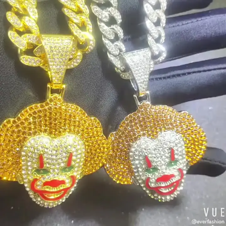 Zinc Alloy Hip Hop Punk Rhinestone Clown Pendant Necklace with