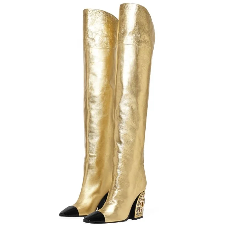 Ladies Overknee Boots Gold Leather Thigh High Boots Women's Diamonds ...